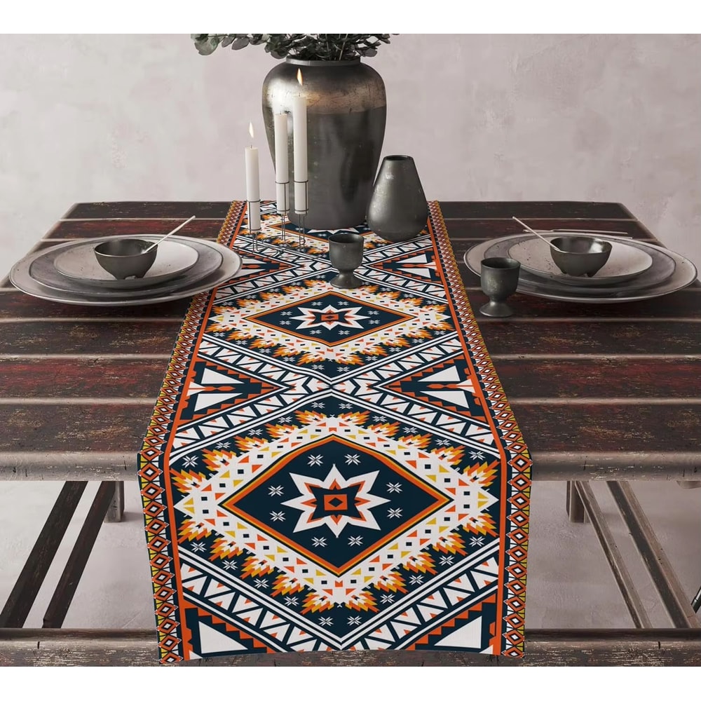 Aztec Boho Linen Table Runner Geometric Tribal Dining Table Decor 8