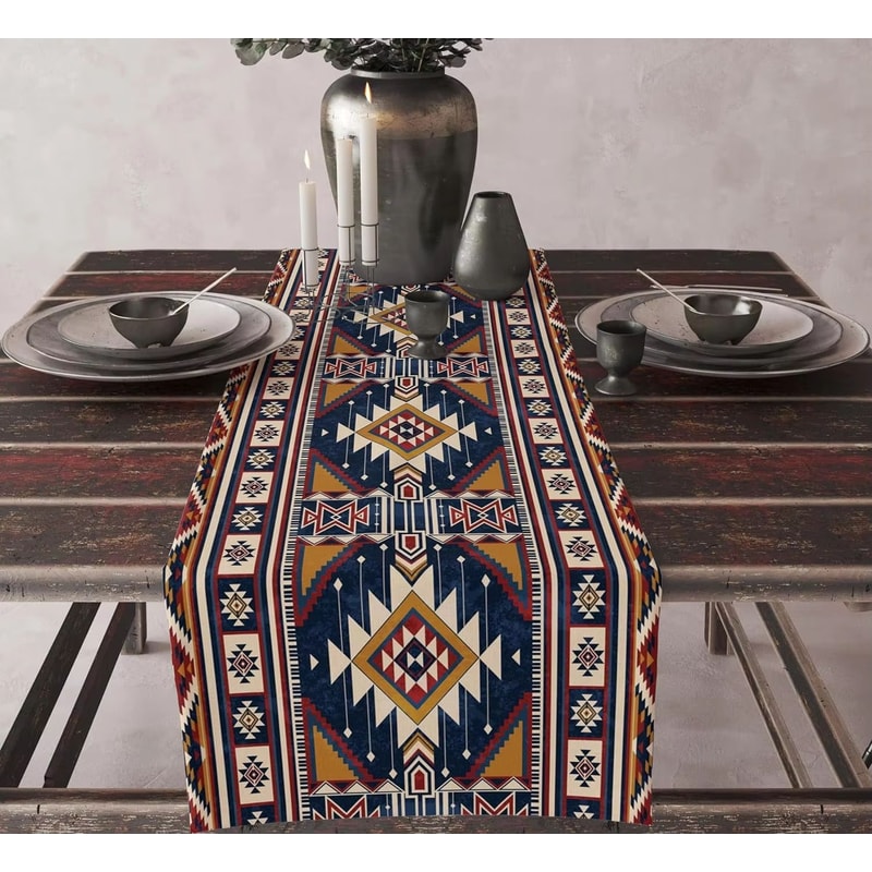 Aztec Boho Linen Table Runner Geometric Tribal Dining Table Decor 15