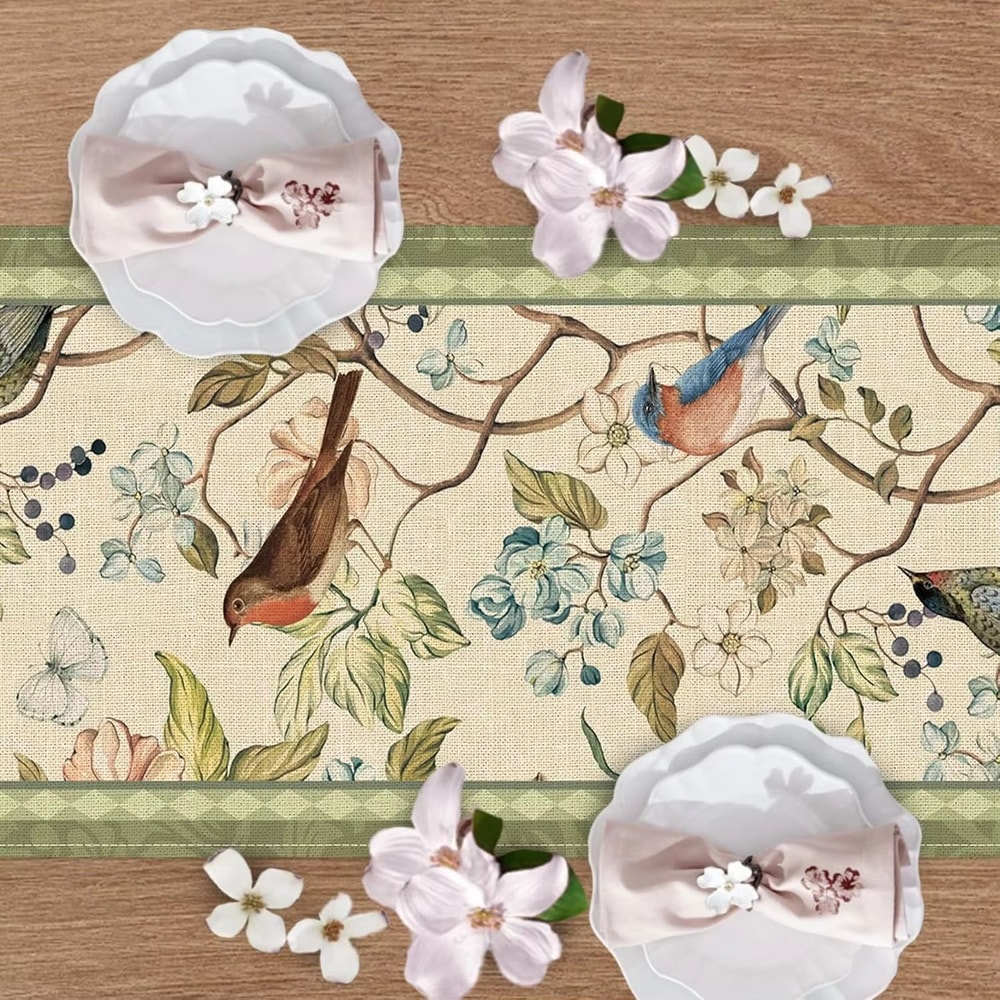Vintage Floral Birds Linen Table Runner Farmhouse Summer Dining Table Decor 2