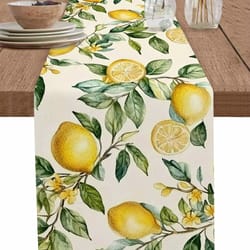 watercolor lemon linen table runner summer green leaf dining table decor