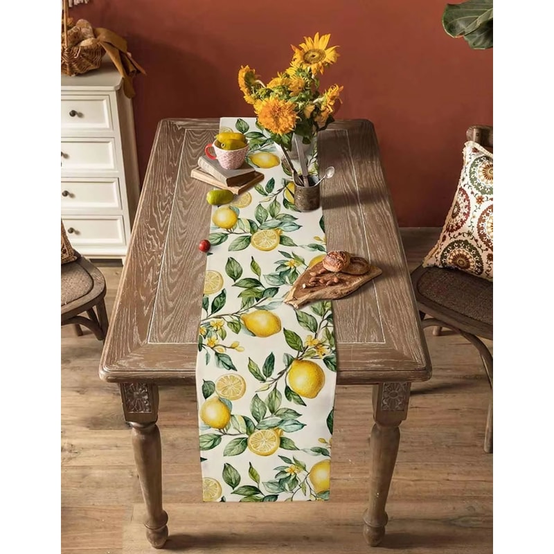 Watercolor Lemon Linen Table Runner Summer Green Leaf Dining Table Decor 1