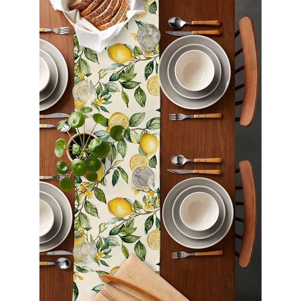 Watercolor Lemon Linen Table Runner Summer Green Leaf Dining Table Decor 2