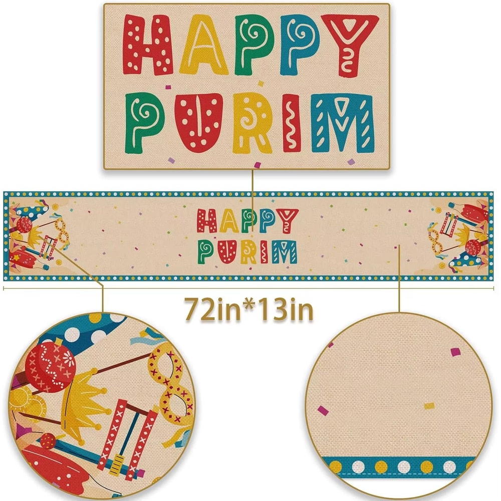 Happy Purim Carnival Linen Table Runner With Masque And Crown Design 4
