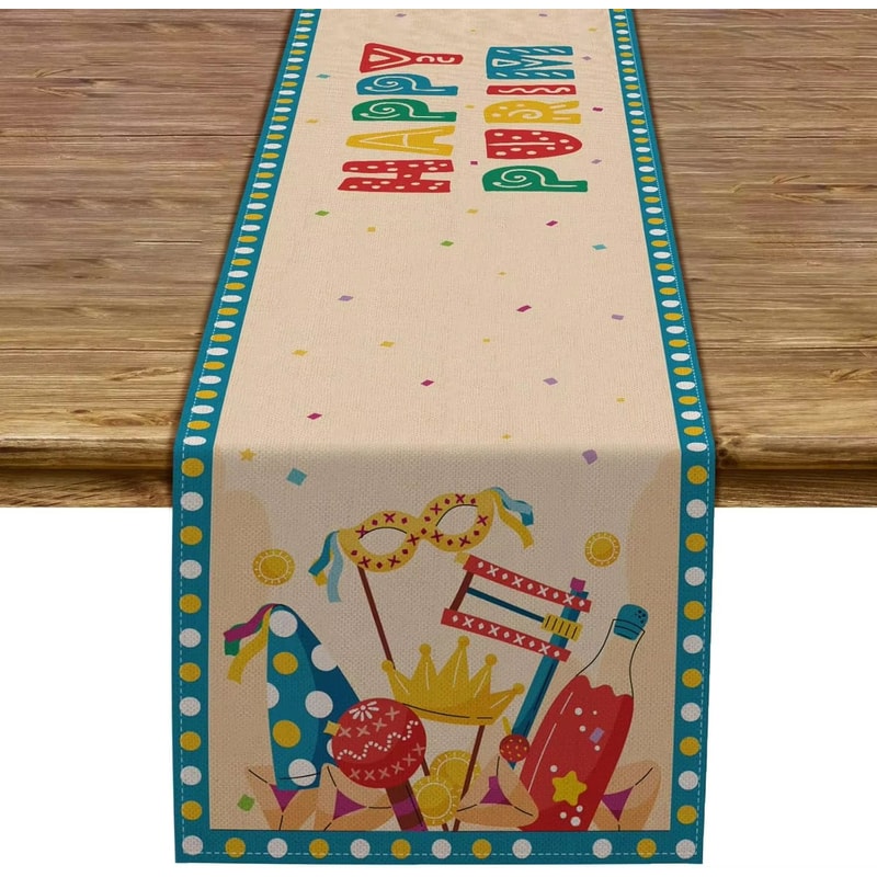Happy Purim Carnival Linen Table Runner With Masque And Crown Design 6