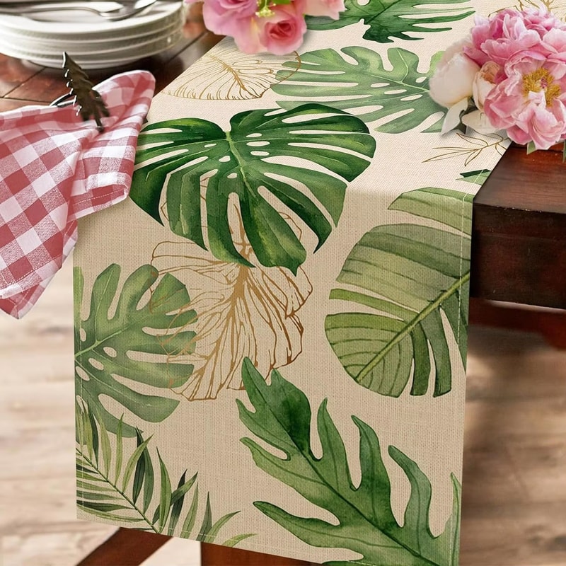 Tropical Palm Leaves Linen Table Runner For Summer Kitchen And Dining Decor 1