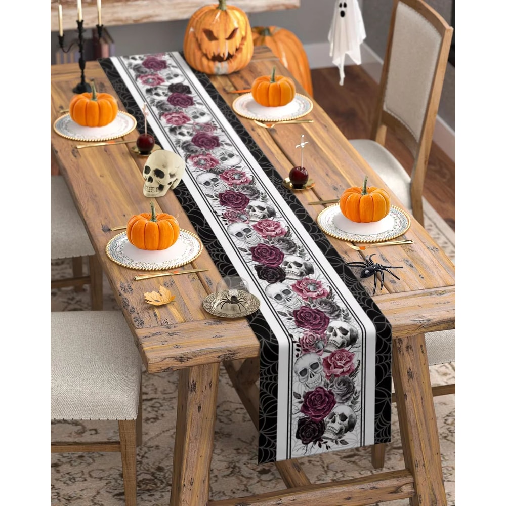 Halloween Skull Rose Crow Linen Table Runner Gothic Party Dining Table Decor 4