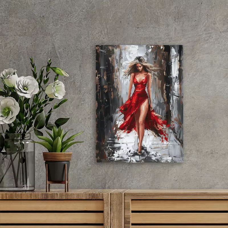 Elegant Woman In Red Dress Framed Canvas Wall Art Modern Decorative Painting 3