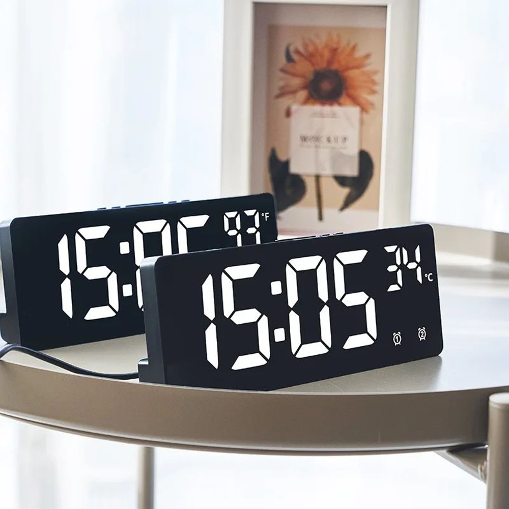 Voice Control LED Digital Alarm Clock With Temperature Display Night Mode Desk Clock 4