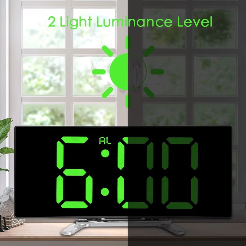 Curved LED Mirror Alarm Clock Dimmable Large Display Desk Clock 1