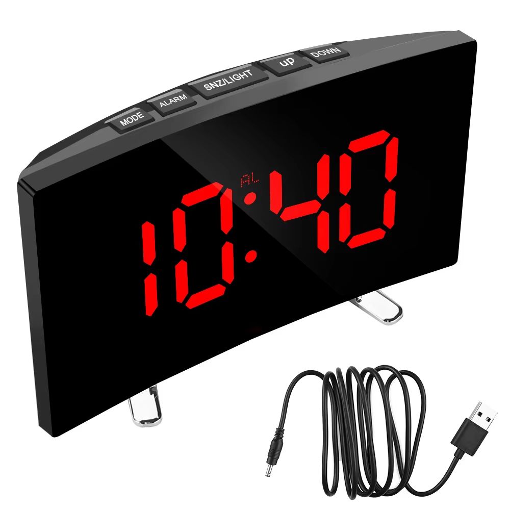 Curved LED Mirror Alarm Clock Dimmable Large Display Desk Clock 8