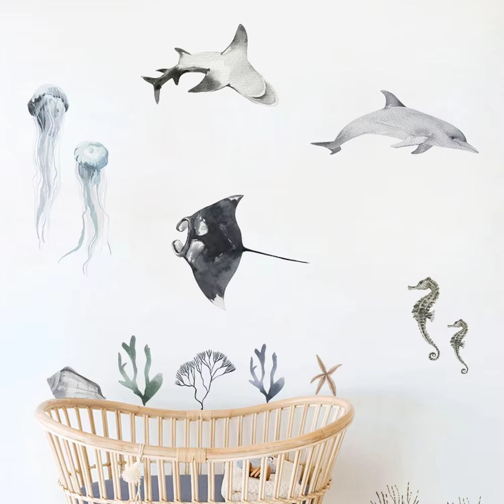 Underwater Ocean Wall Stickers Watercolor Fish Coral Removable Decor 3
