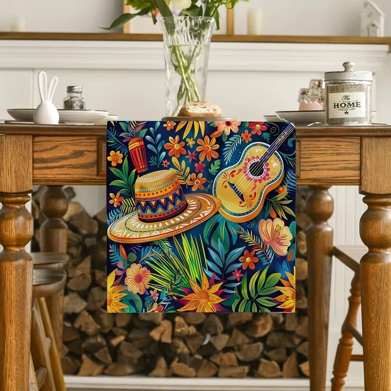 Mexican Fiesta Linen Table Runner With Cactus And Day Of The Dead Design 5