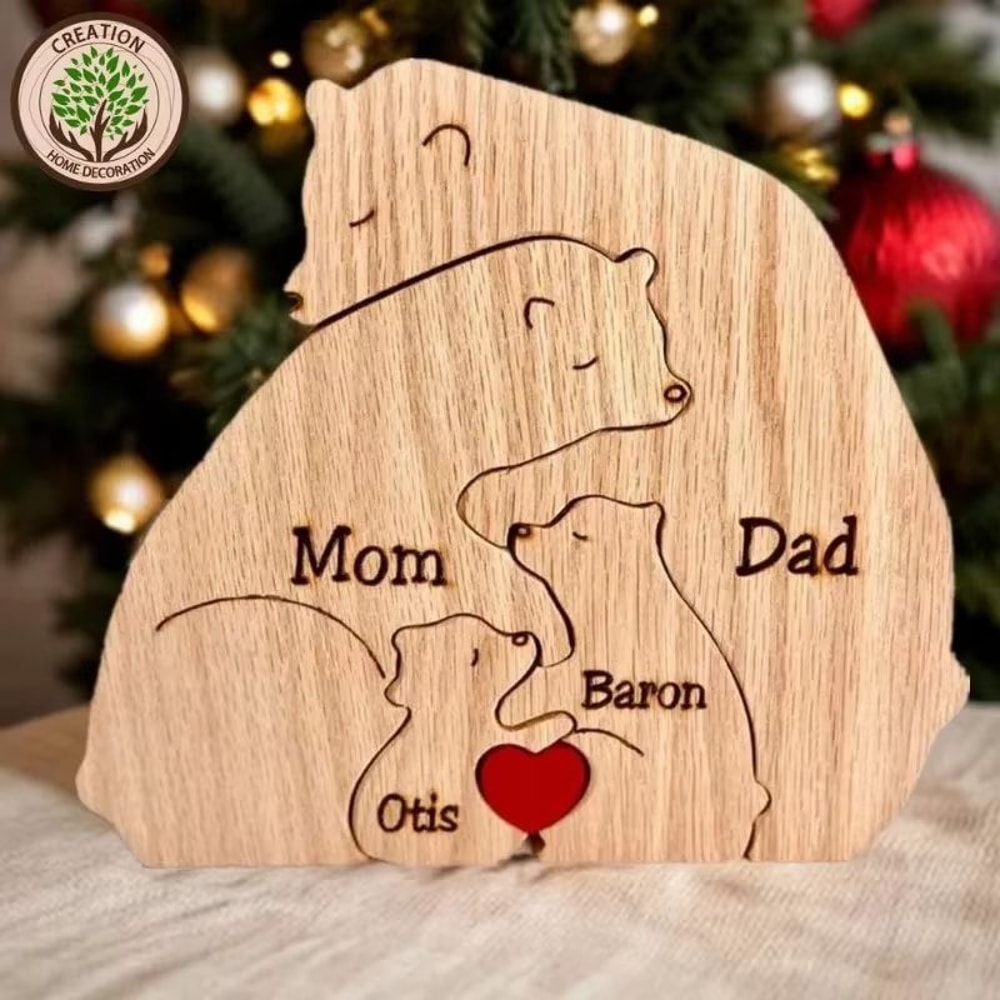 Custom Name Bear Family Puzzle Ornament Personalized Wooden Keepsake Gift 0