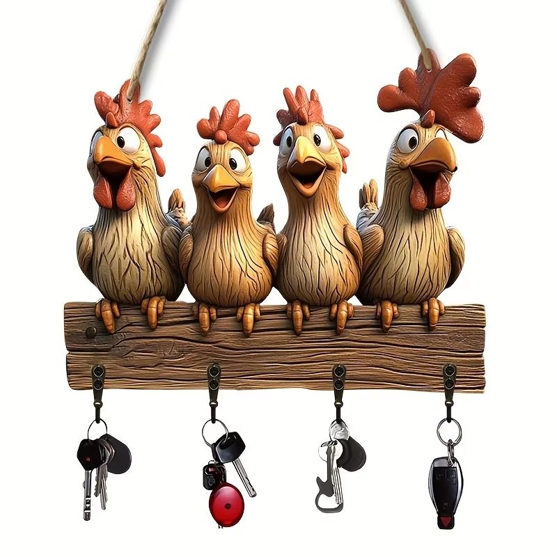 Rustic Hen Wooden Key Holder Wall Mounted Farmhouse Key Rack Decor 6