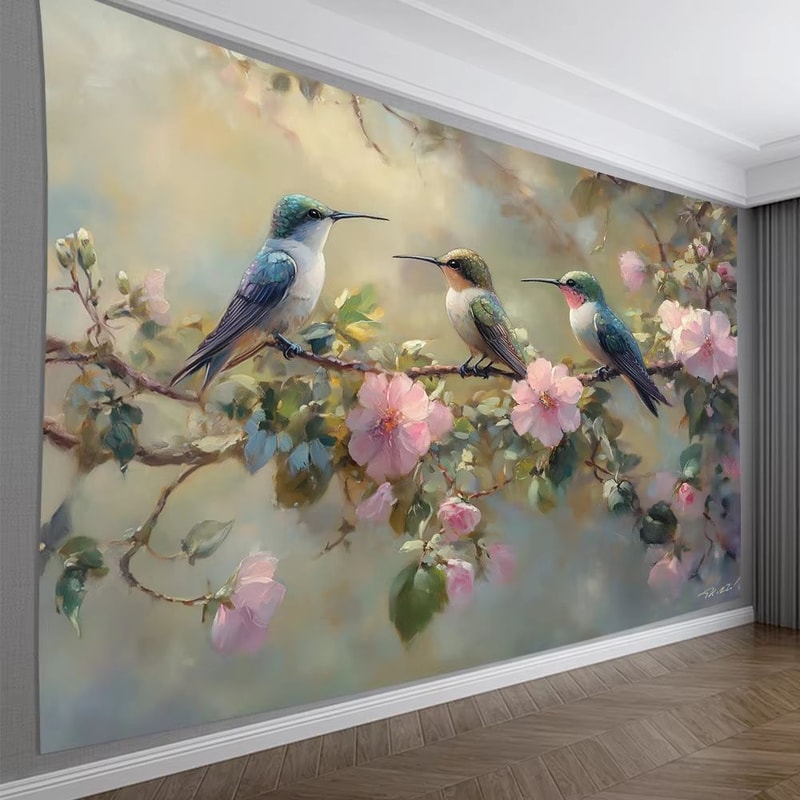 Vibrant Hummingbird Floral Wall Tapestry Soft Fabric Hanging Decor 2