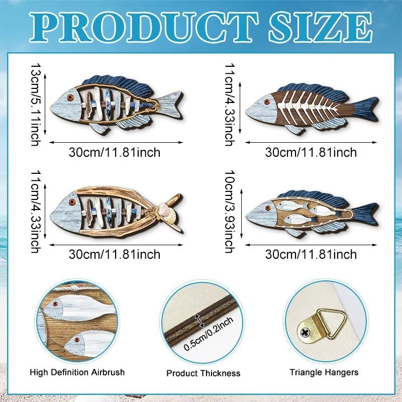 4PCS Wooden Ocean Fish Wall Decor Set For Coastal Nautical Home Styling 3