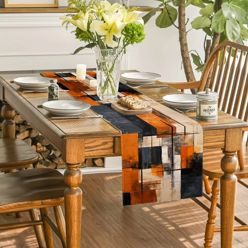 Abstract Watercolor Linen Table Runner Orange Black Stripe Modern Dining Decor 3