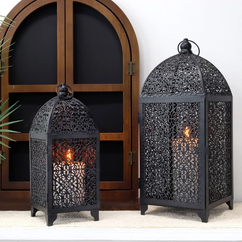 Black Metal Hanging Candle Lantern Set Decorative Hollow Pattern Lanterns 4