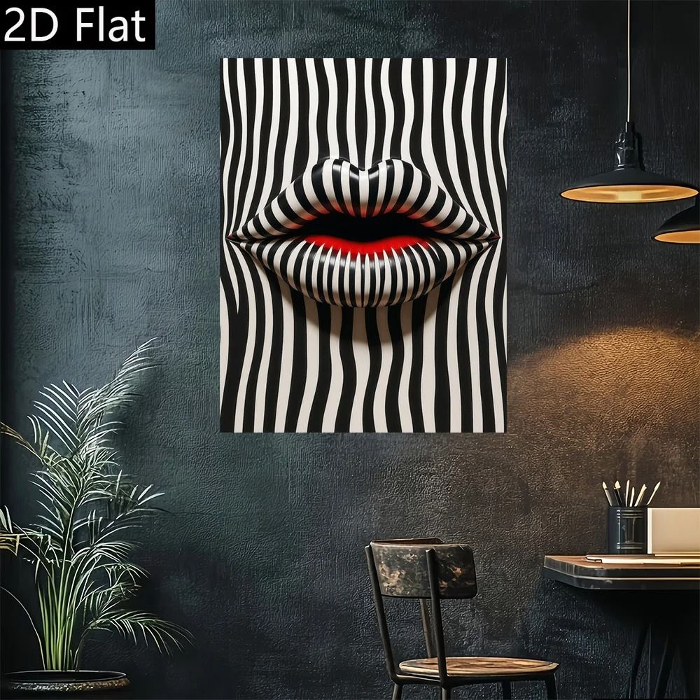 Abstract Striped Lips Canvas Art Print Modern Black And White Wall Decor 4