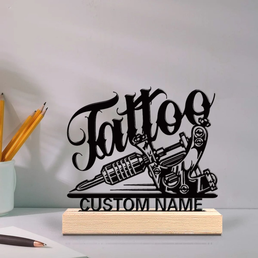 Personalized Tattoo Artist Metal Figurine With Wooden Base Custom Studio Desk Decor 0