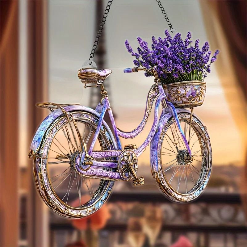 Lavender Bicycle Acrylic Suncatcher Vintage Floral Window Light Catcher Decor 0