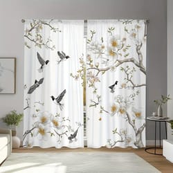 elegant floral bird print curtains 2-piece botanical polyester window drapes