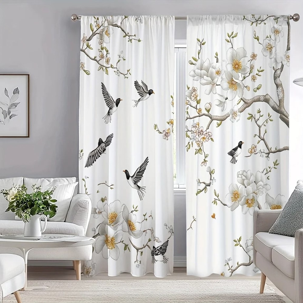 Elegant Floral Bird Print Curtains 2Piece Botanical Polyester Window Drapes 2