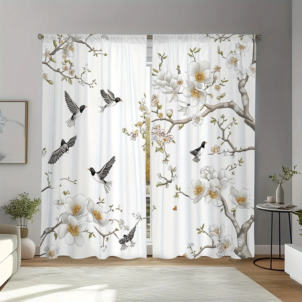 Elegant Floral Bird Print Curtains 2Piece Botanical Polyester Window Drapes 5