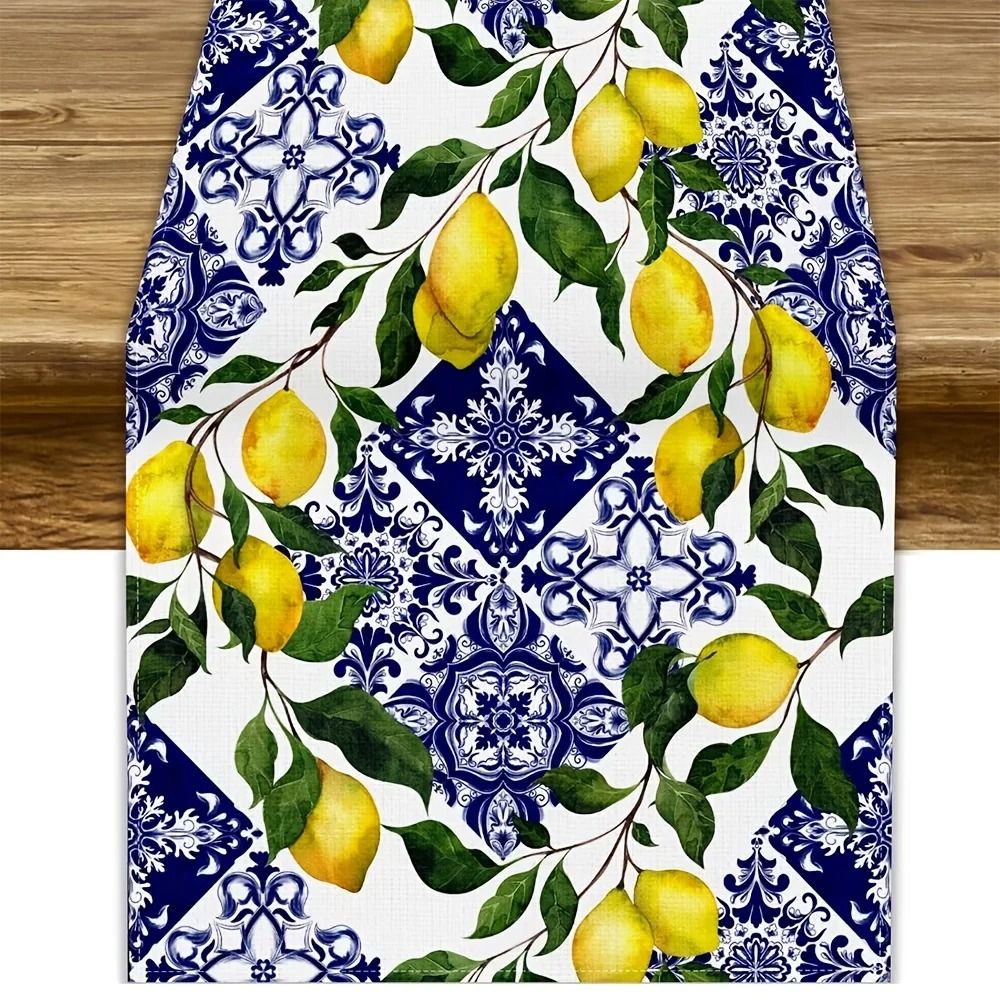 Blue Tile Lemon Linen Table Runner Mediterranean Summer Dining Decor 6