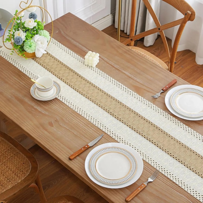 Boho Farmhouse Linen Table Runner With Tassels Rustic Macrame Dining Decor 4
