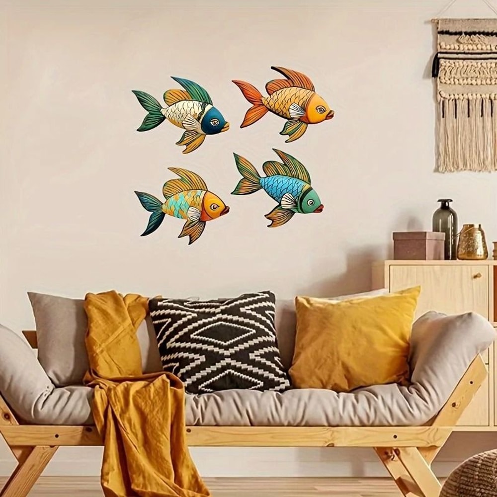 4pcs Colorful Tropical Fish Wooden Wall Art Rustic Nautical Coastal Hanging Decor 1