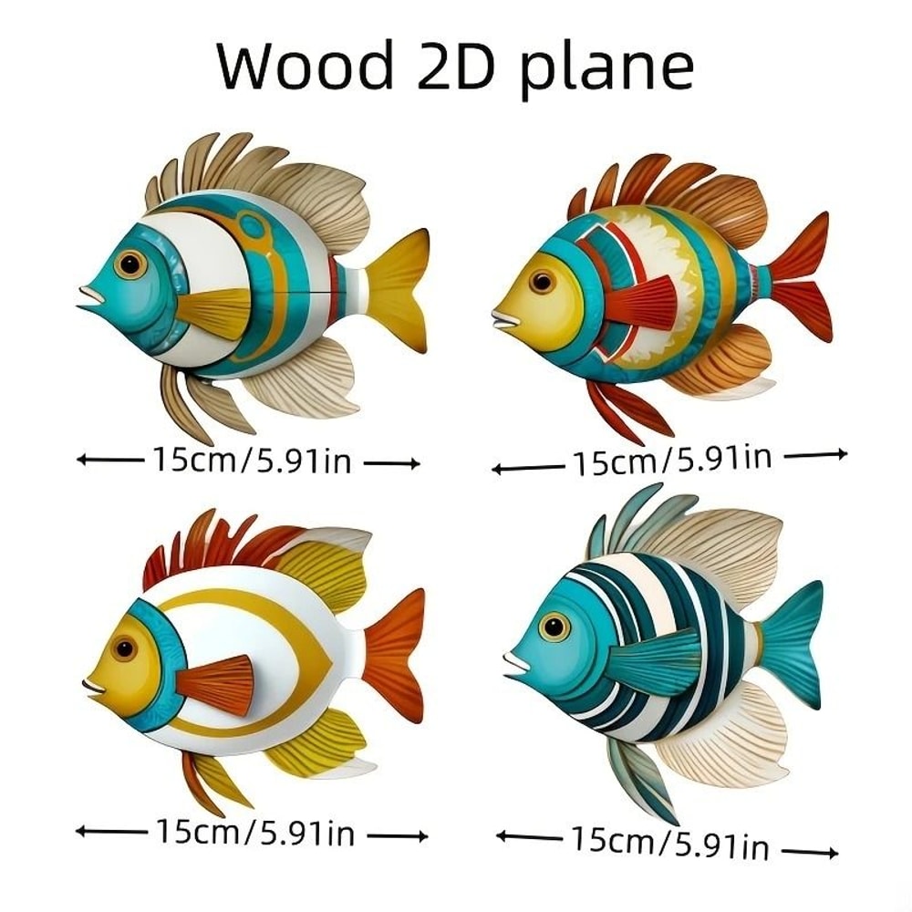 4pcs Colorful Tropical Fish Wooden Wall Art Rustic Nautical Coastal Hanging Decor 3