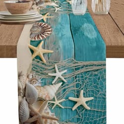 coastal starfish linen table runner – beach table runner summer ocean shell decor