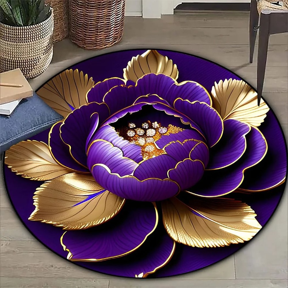 Luxury Purple Gold Peony Round Rug Washable Floral Statement Mat 2