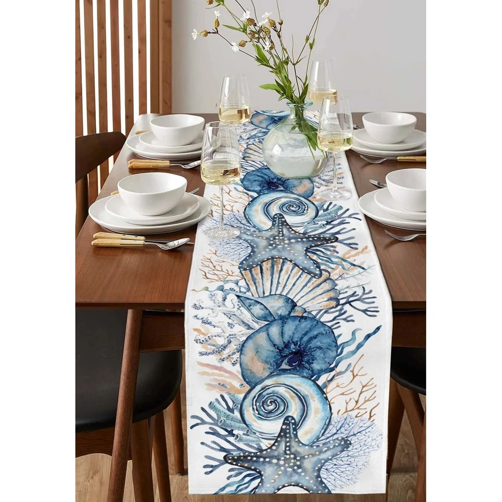 Summer Ocean Coral Linen Table Runner Coastal Beach Dining Decor 3