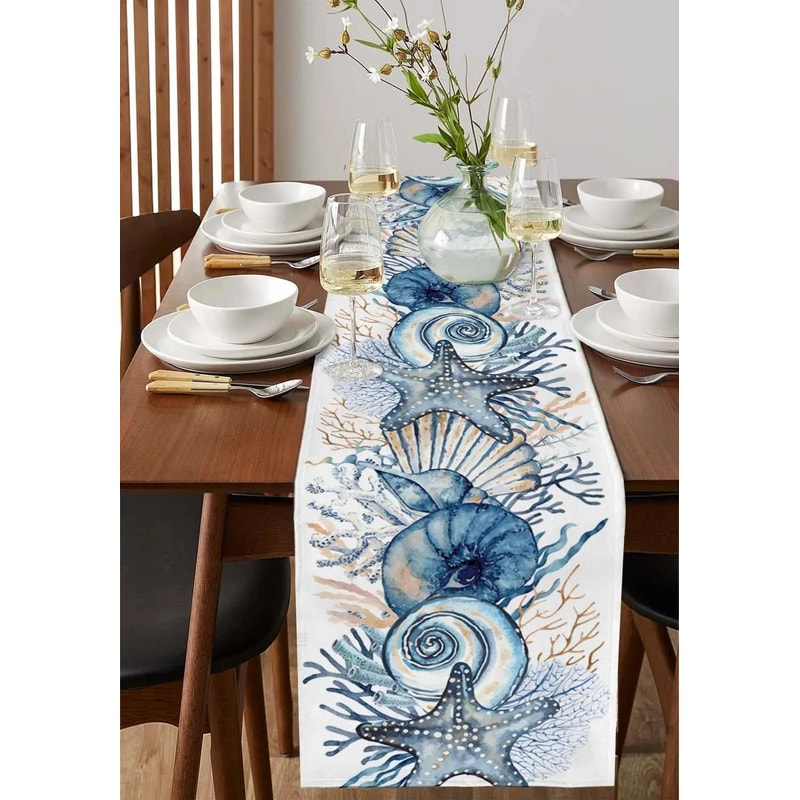 Summer Ocean Coral Linen Table Runner Coastal Beach Dining Decor 3