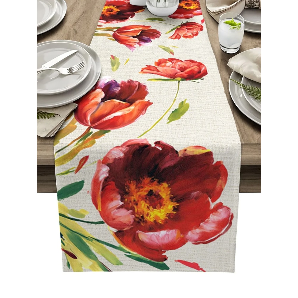 Vintage Tulip Linen Table Runner Farmhouse Oil Painting Dining Decor 9