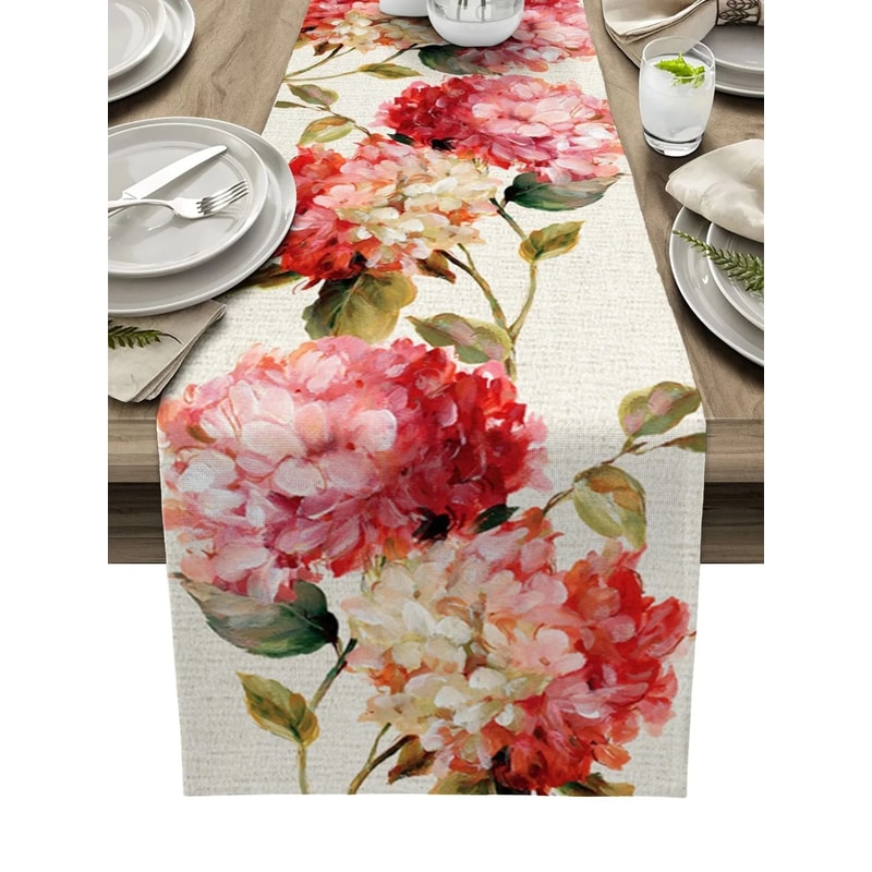 Vintage Tulip Linen Table Runner Farmhouse Oil Painting Dining Decor 6