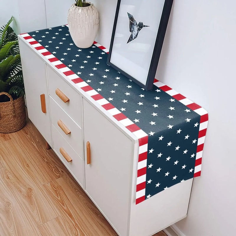 Patriotic Linen Table Runner 4th Of July Farmhouse Dining Decor 4