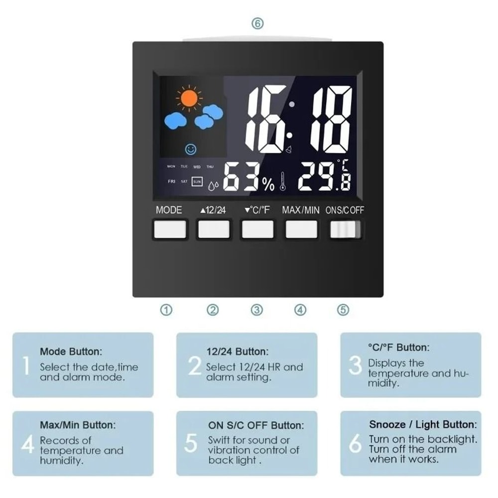 Smart LCD Weather Station With Indoor Temperature Humidity Monitor Alarm Clock 4
