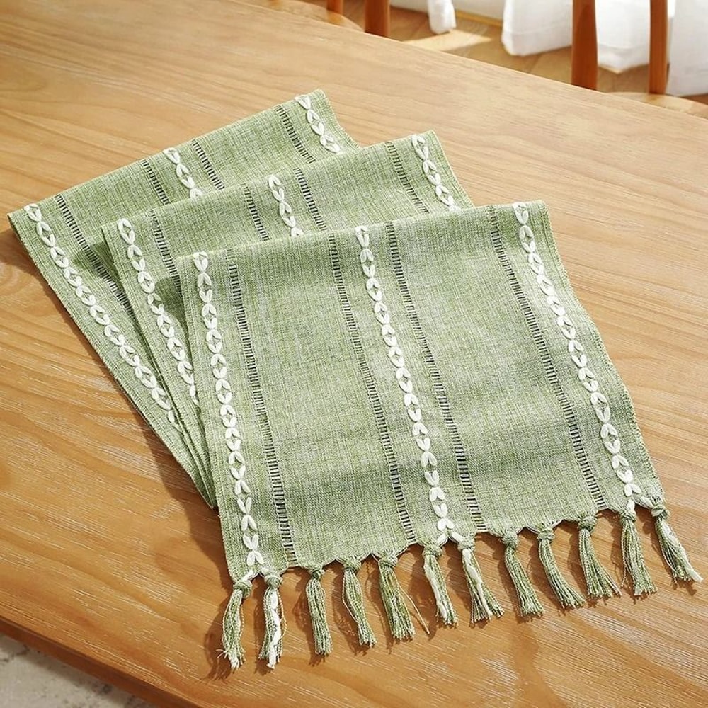Boho Green Linen Table Runner With Tassels Rustic Farmhouse Striped Dining Decor 1