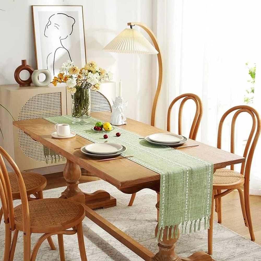 Boho Green Linen Table Runner With Tassels Rustic Farmhouse Striped Dining Decor 3