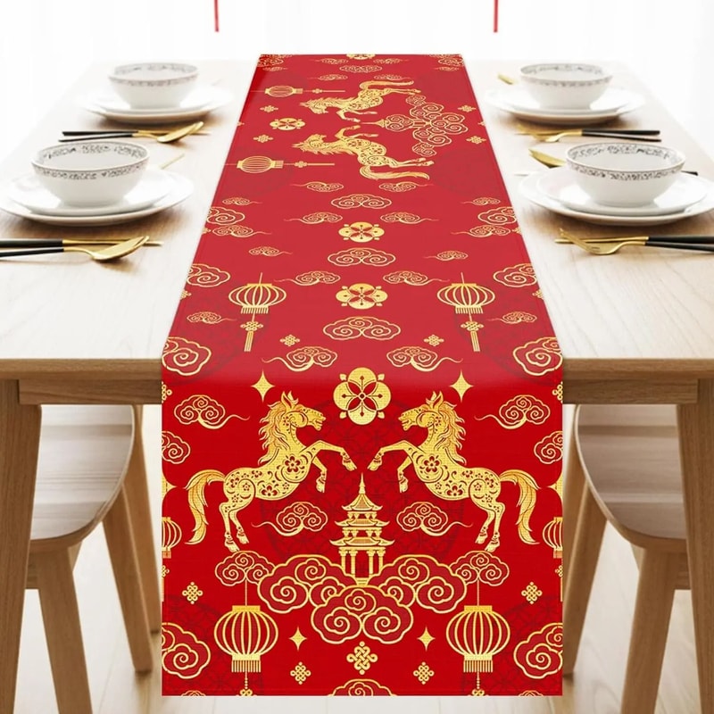 Chinese New Year 2026 Linen Table Runner Zodiac Horse Spring Festival Decor 0