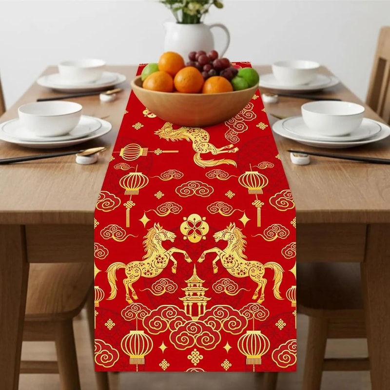 Chinese New Year 2026 Linen Table Runner Zodiac Horse Spring Festival Decor 3