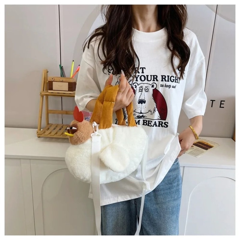Fluffy Chick Charm Plush Shoulder Bag For Girls Cute Chicken Purse 0