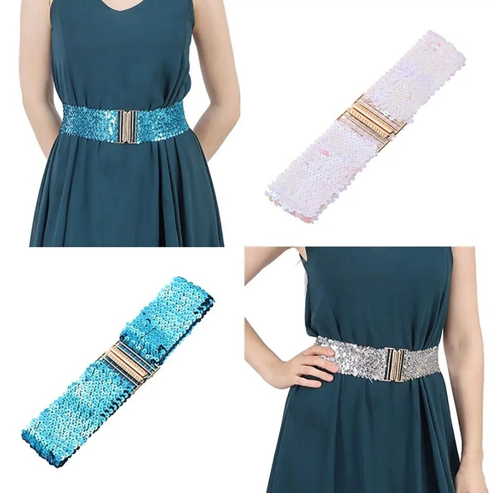GlamCurve Wide Sequin Elastic Waist Belt With Gold Buckle 0