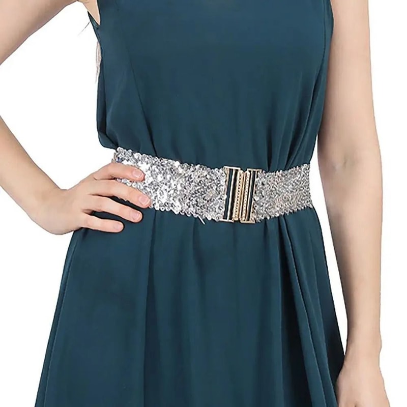 GlamCurve Wide Sequin Elastic Waist Belt With Gold Buckle 3