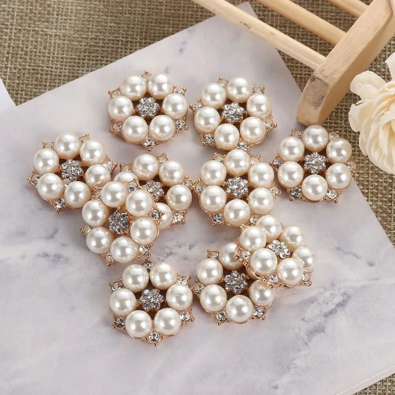 10PCS Flower Rhinestone Pearl Buttons Alloy Crystal DIY Wedding Craft Embellishments 1