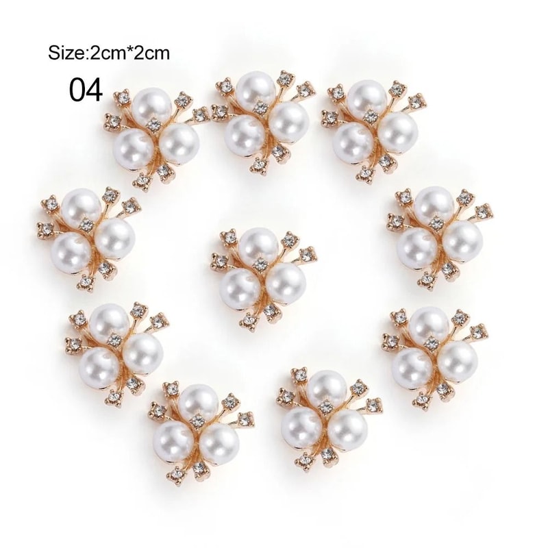 10PCS Flower Rhinestone Pearl Buttons Alloy Crystal DIY Wedding Craft Embellishments 10