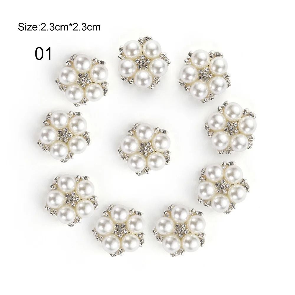 10PCS Flower Rhinestone Pearl Buttons Alloy Crystal DIY Wedding Craft Embellishments 7